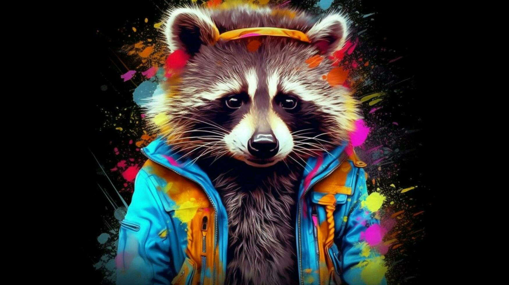 a colorful raccoon with a hat and jacket photo