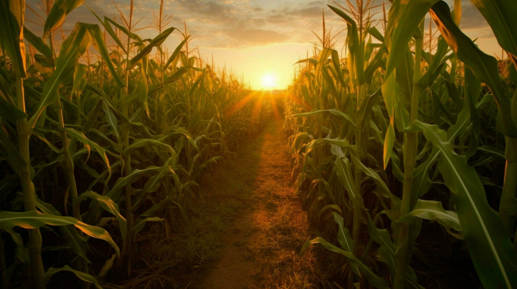 a corn field with the sun shining on it photo