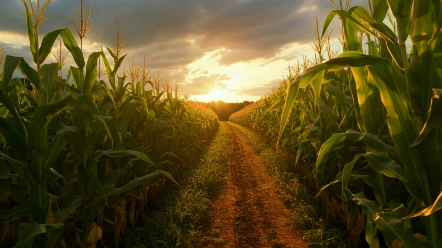 a corn field with the sun shining on it photo