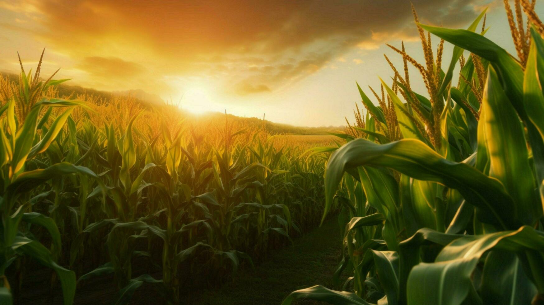 a corn field with the sun shining on it photo