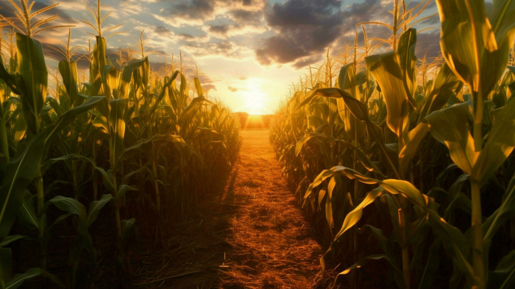 a corn field with the sun shining on it photo
