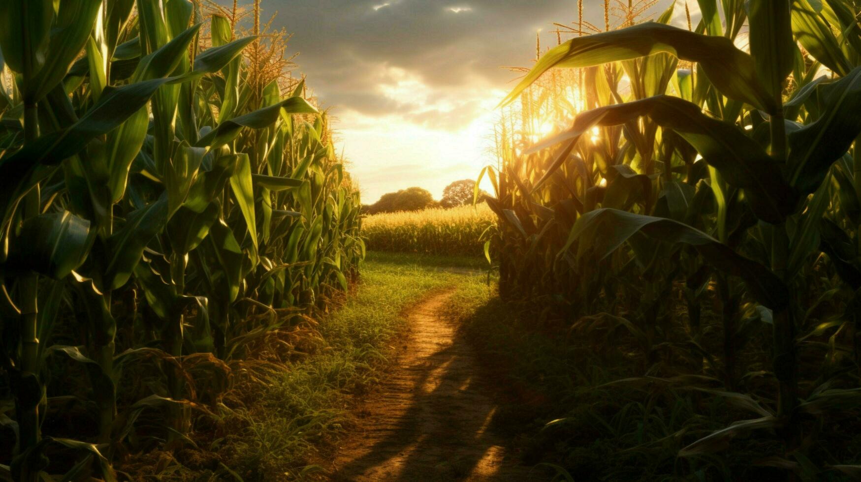 a corn field with the sun shining on it photo