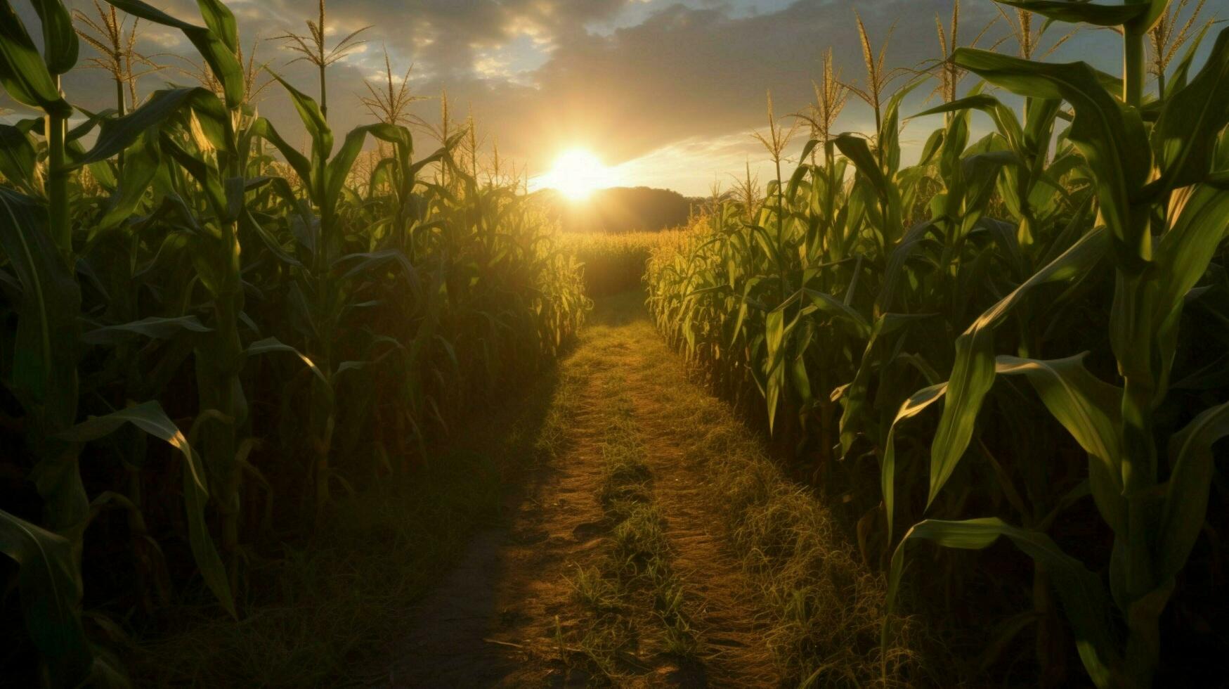 a corn field with the sun shining on it photo