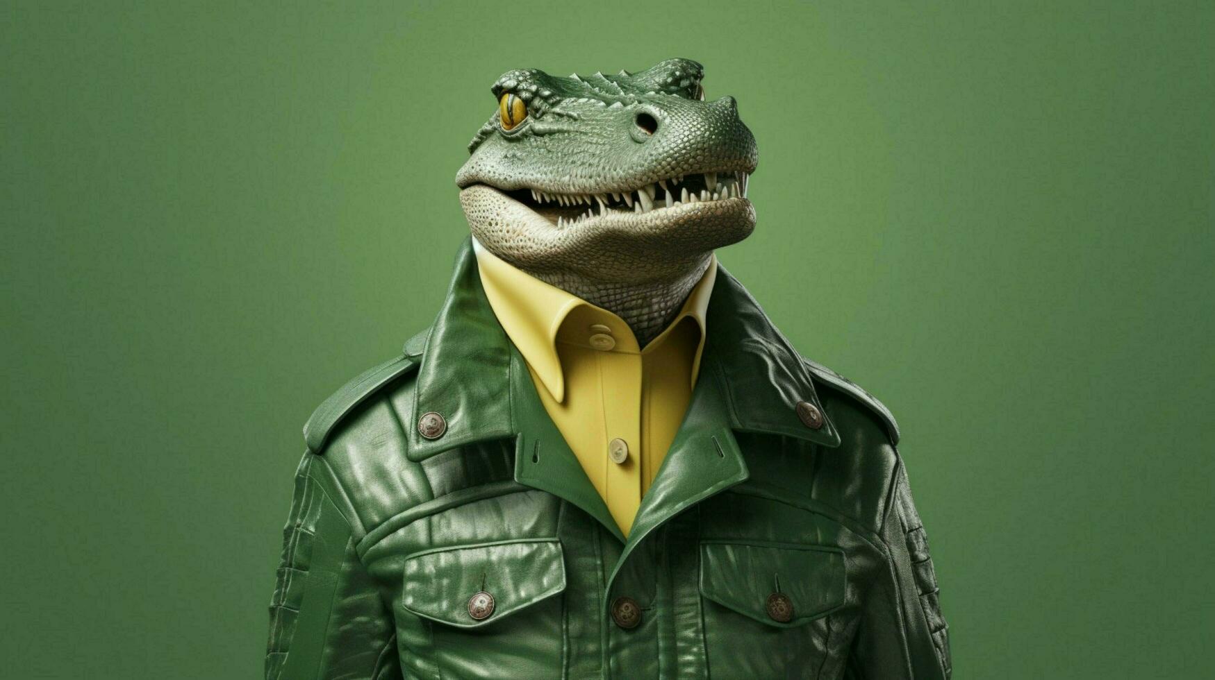 a crocodile with a green jacket and a green jacke photo