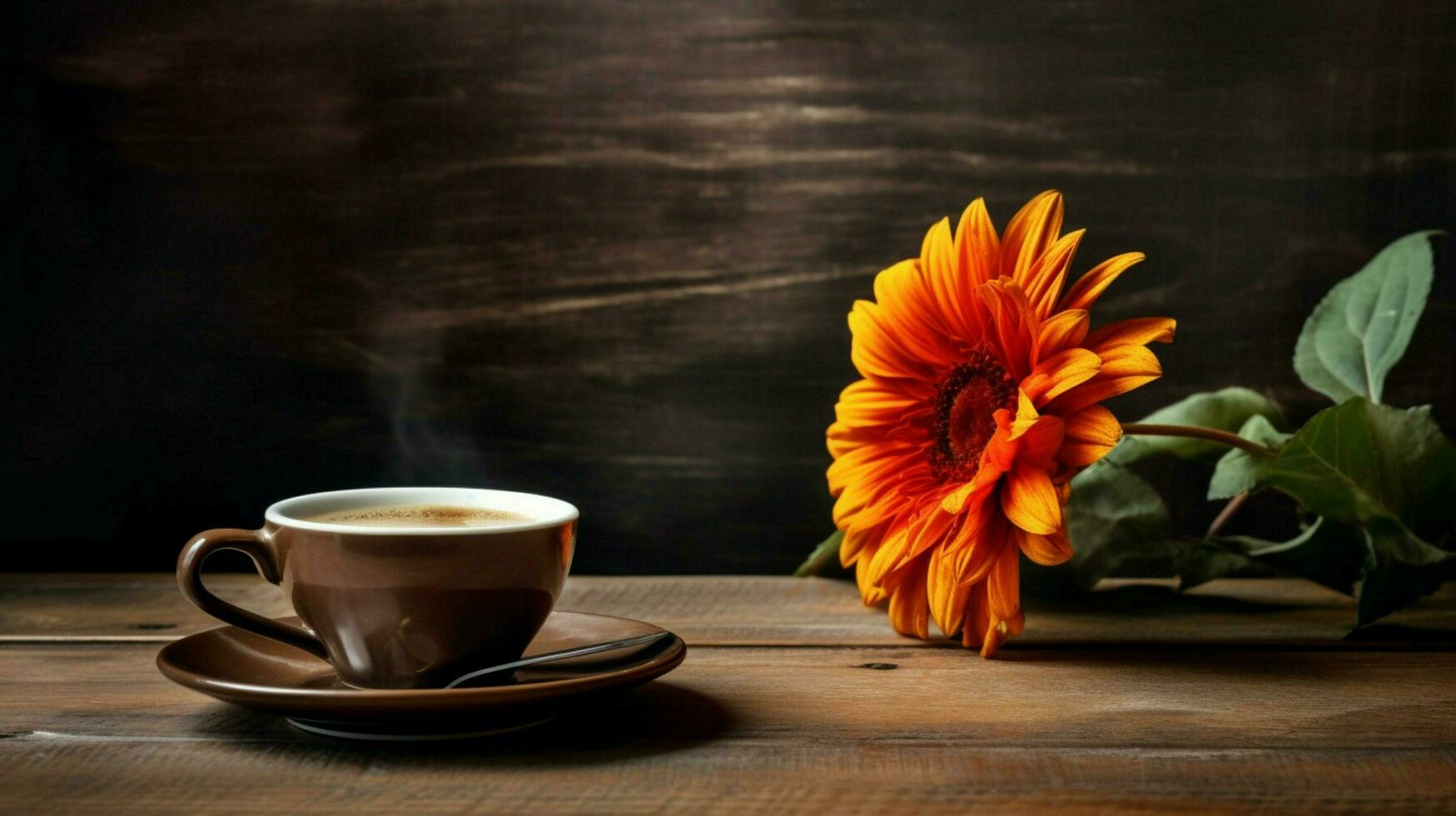 a cup of coffee and a flower on a wooden table photo