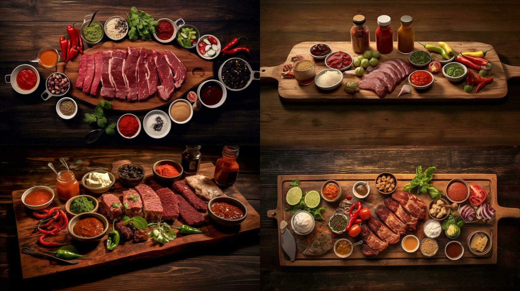 a cutting board with meat and sauces on it photo