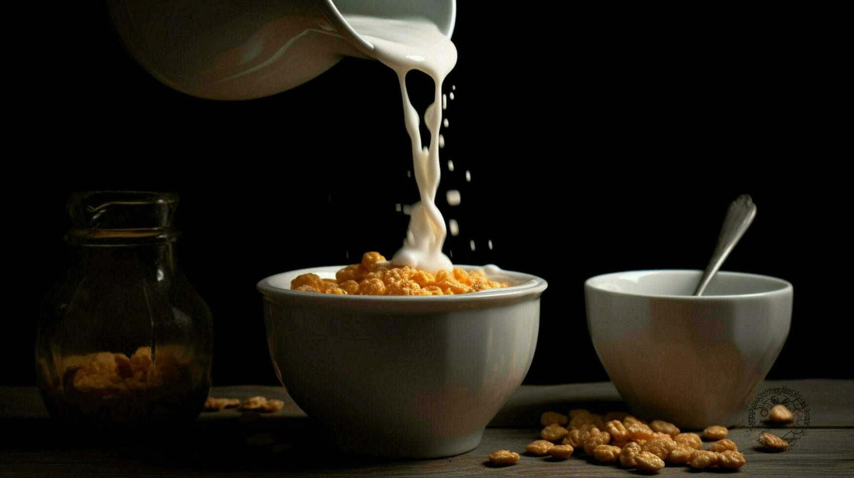 a cup of milk and a bowl of cereal being poured i photo