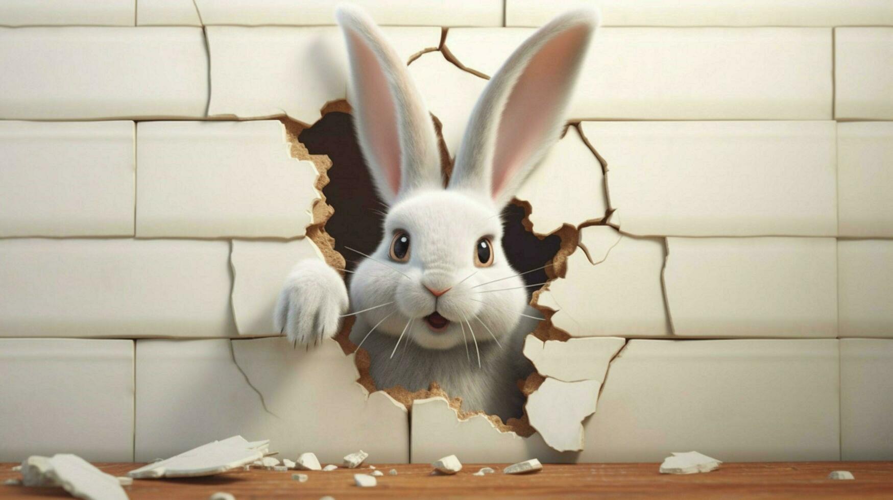 a cute rabbit looks from a broken wall in 3d photo