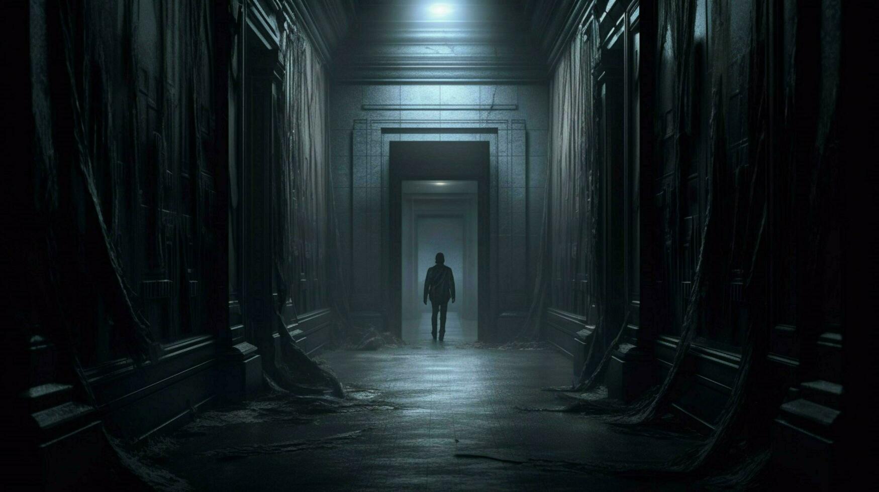 a dark hallway with a door and a person standing photo