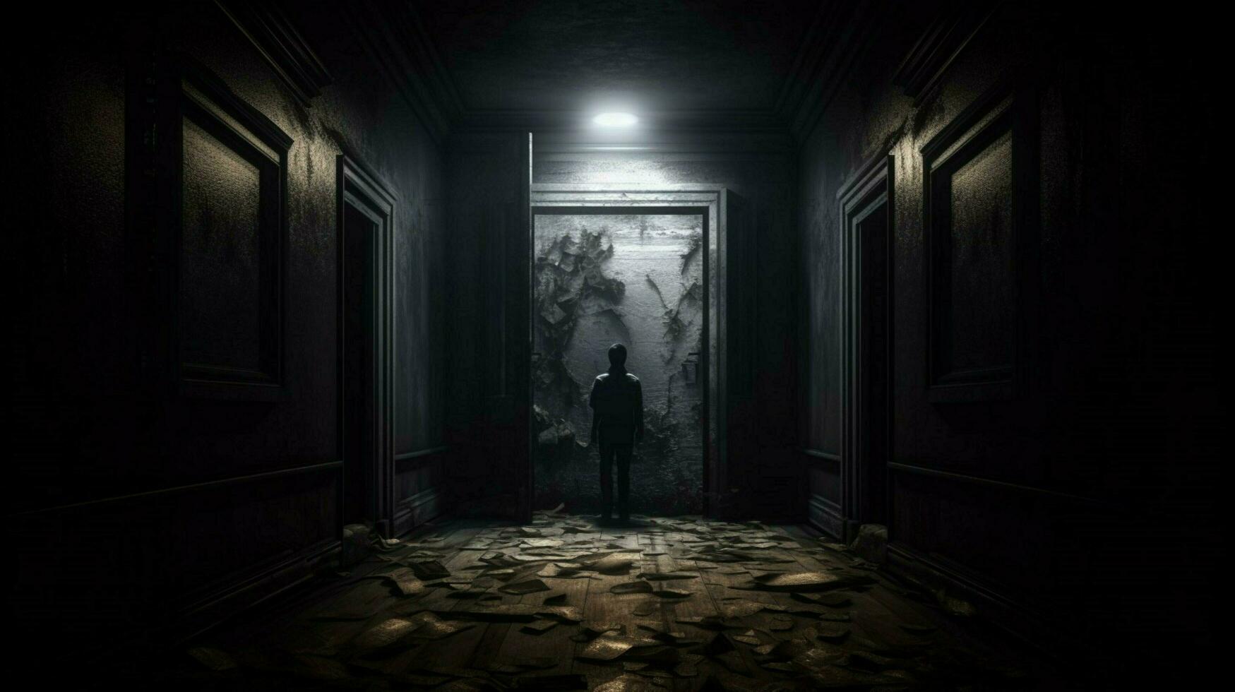 a dark hallway with a door and a person standing photo