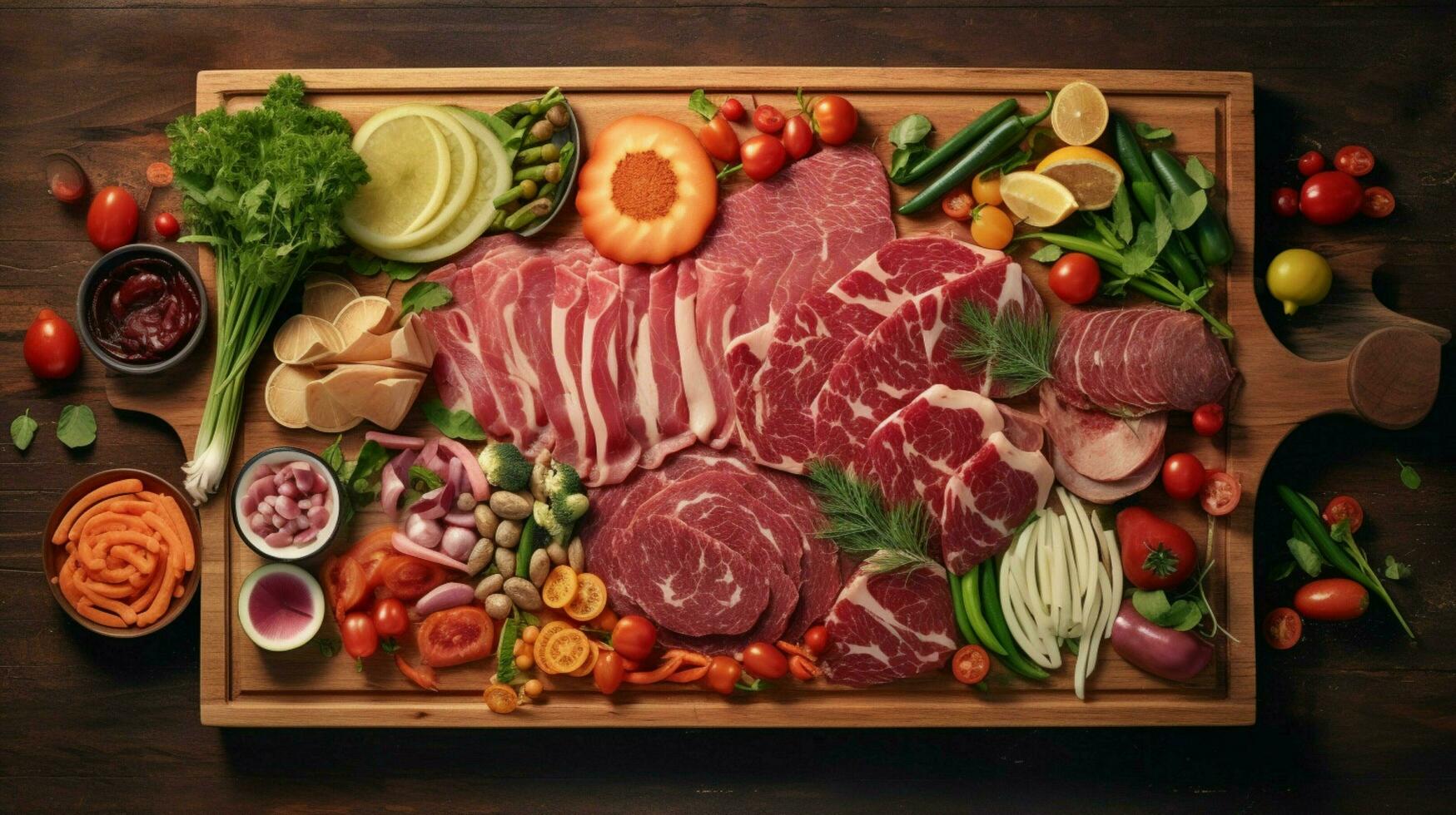 a cutting board with meat and vegetables on it photo