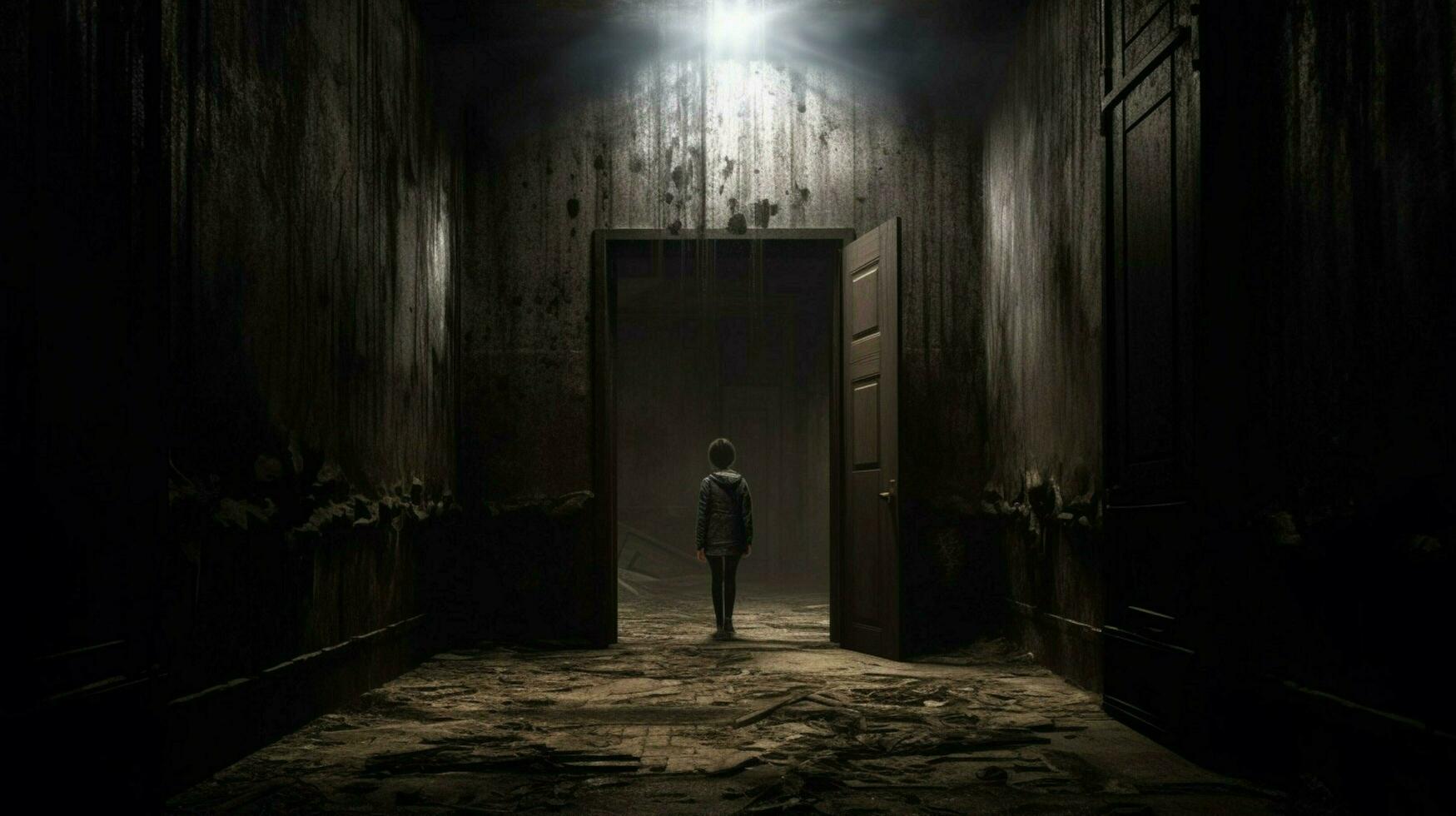 un oscuro pasillo con un puerta y un persona en pie foto