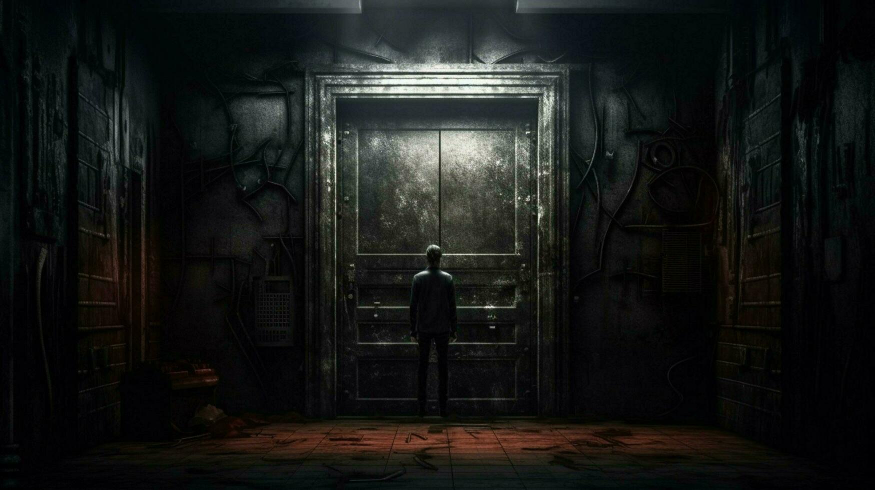 a dark hallway with a door and a person standing photo