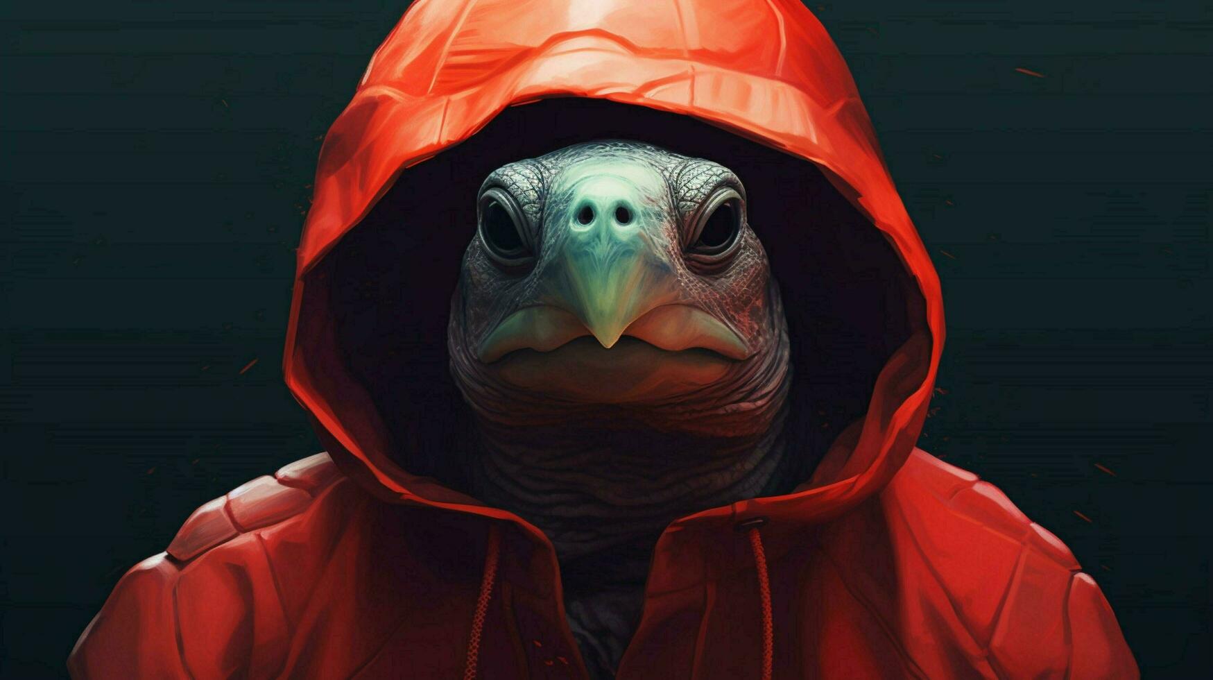 a digital art of a turtle with a red hoodie photo