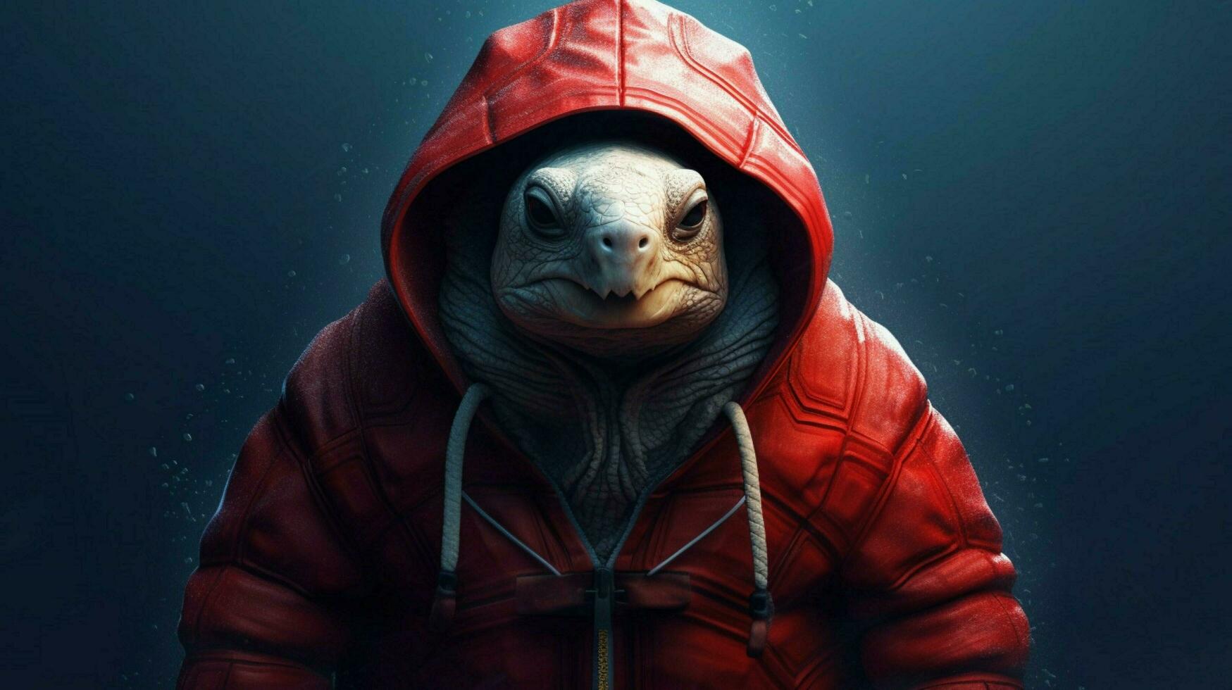 a digital art of a turtle with a red hoodie photo