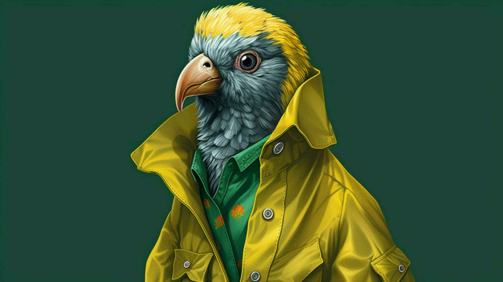 a digital illustration of a bird wearing a green photo