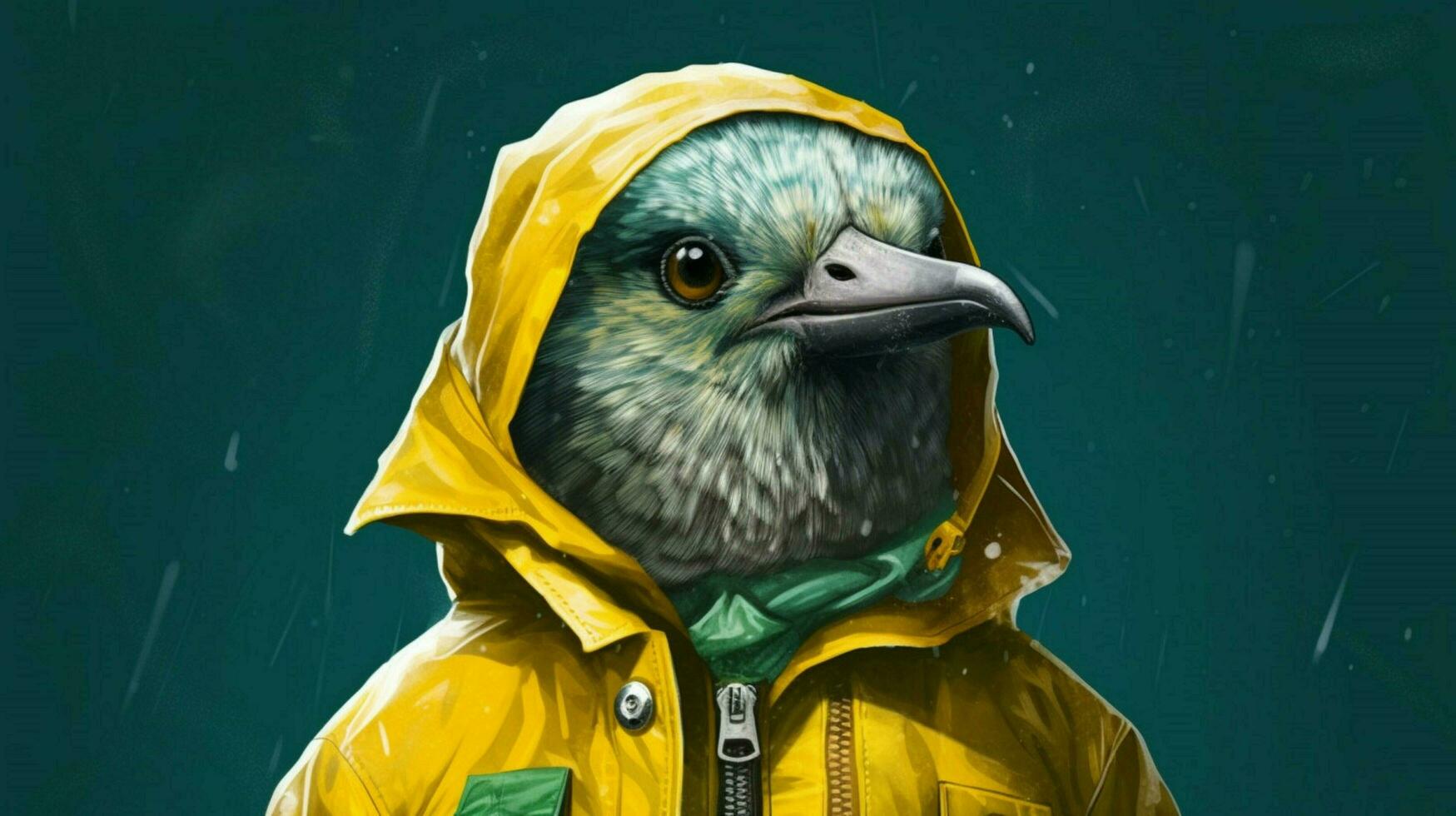 a digital illustration of a bird wearing a green photo