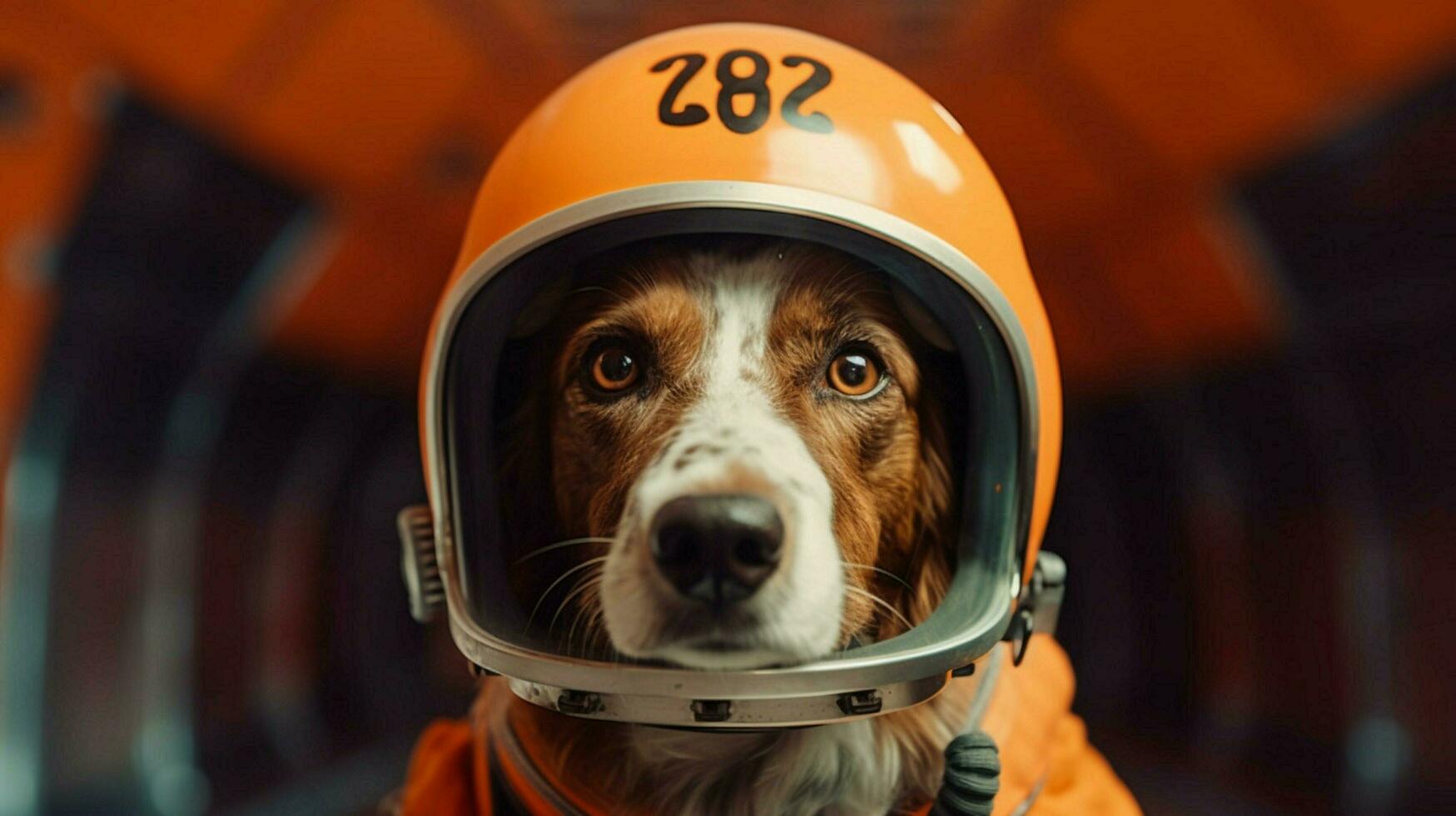 un perro en un naranja espacio traje con el números foto