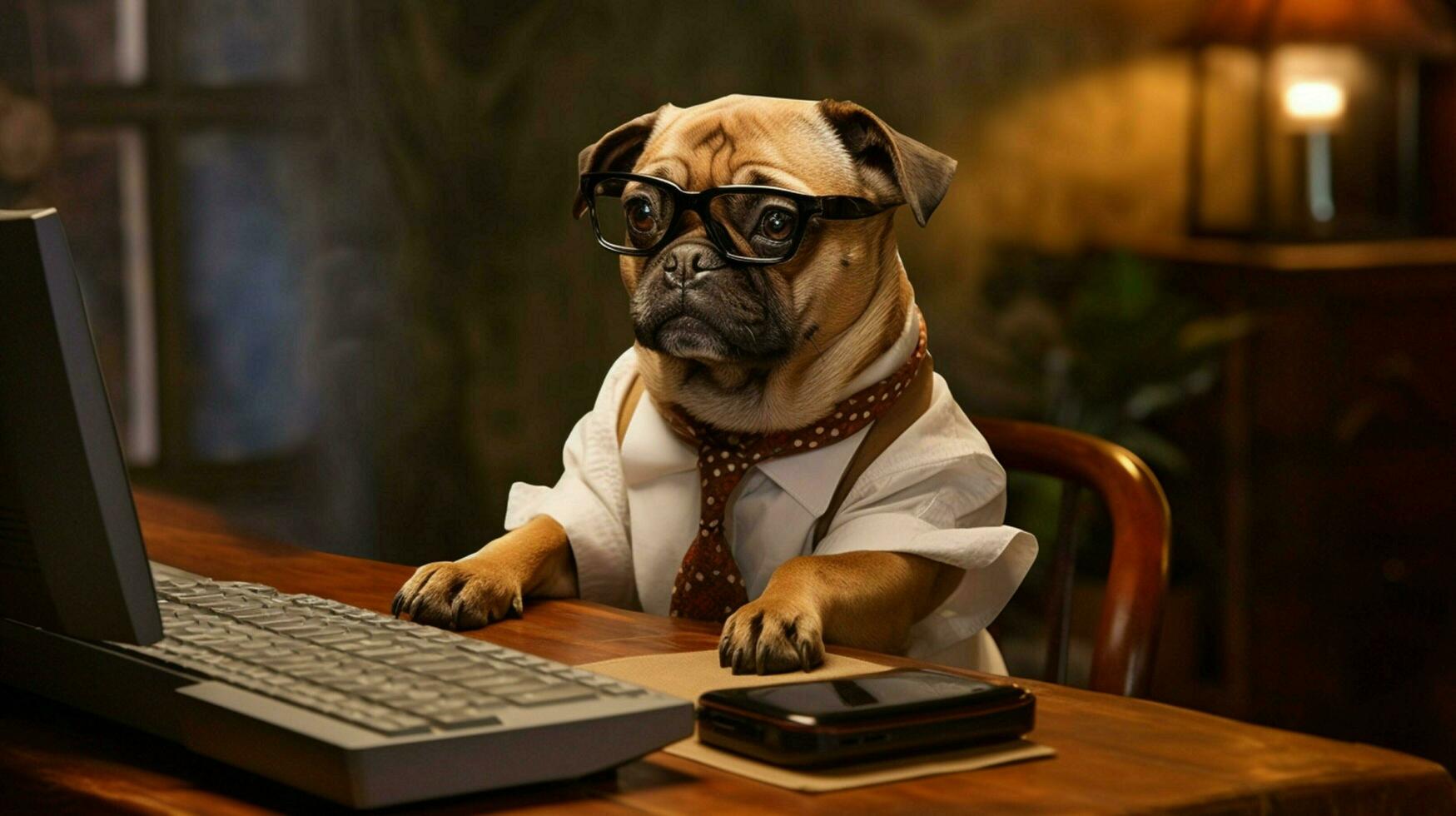 a dog wearing glasses sits at a desk with a computer photo