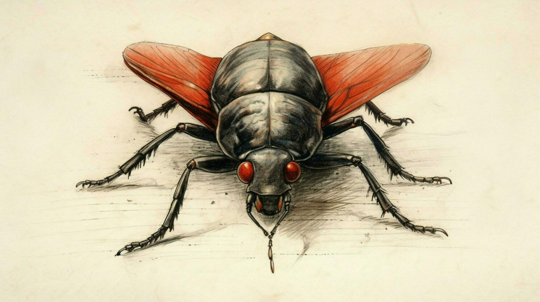 a drawing of a cockroach with red eyes and a red photo