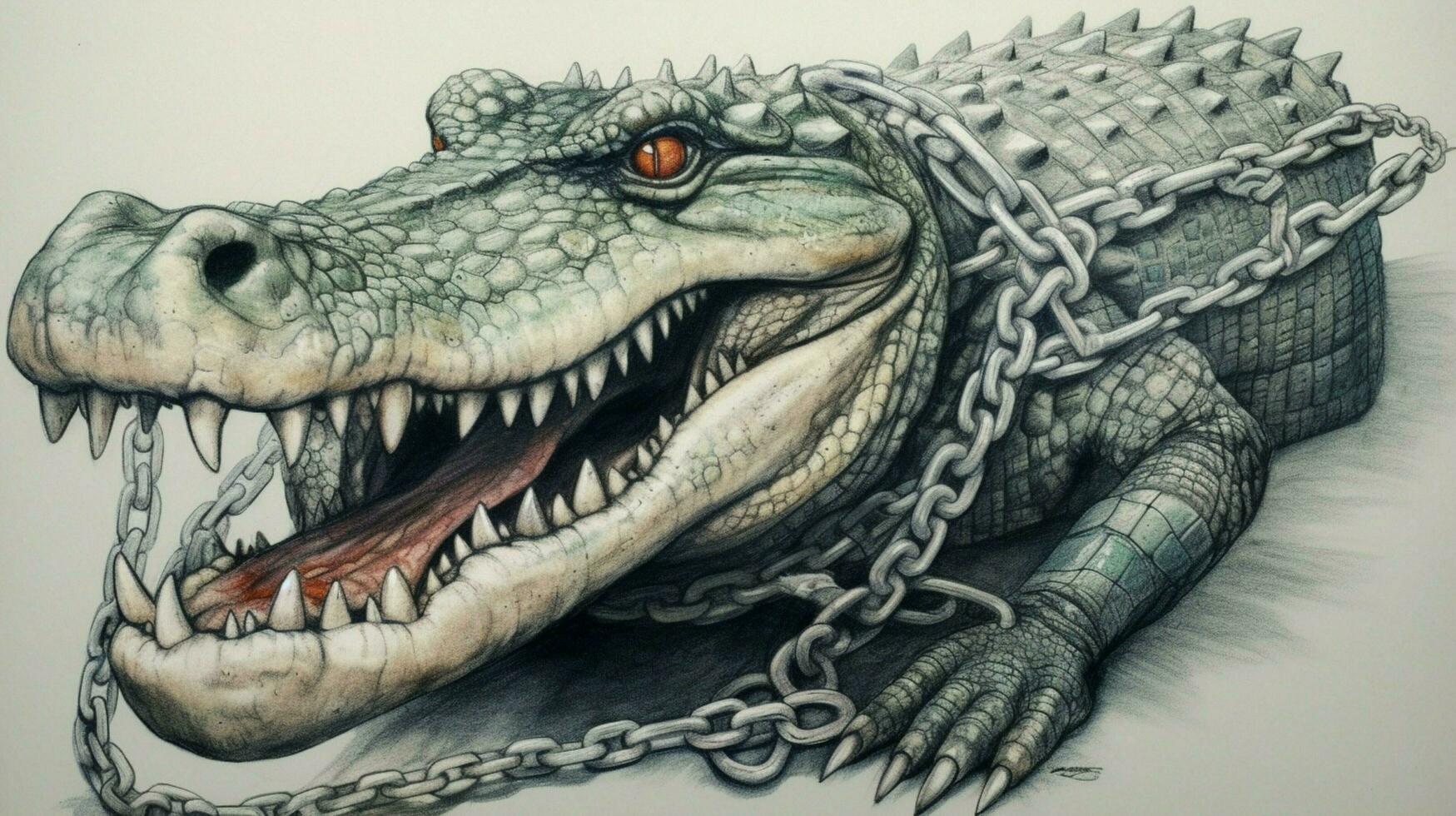 a drawing of a crocodile with chains around it photo