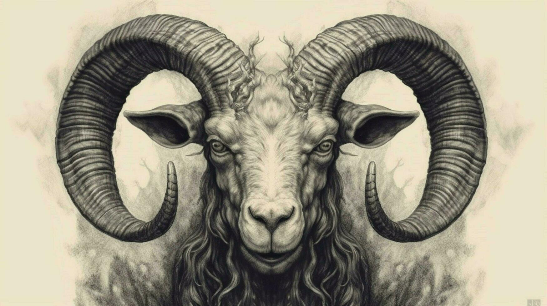 a drawing of a goat with horns and a head photo