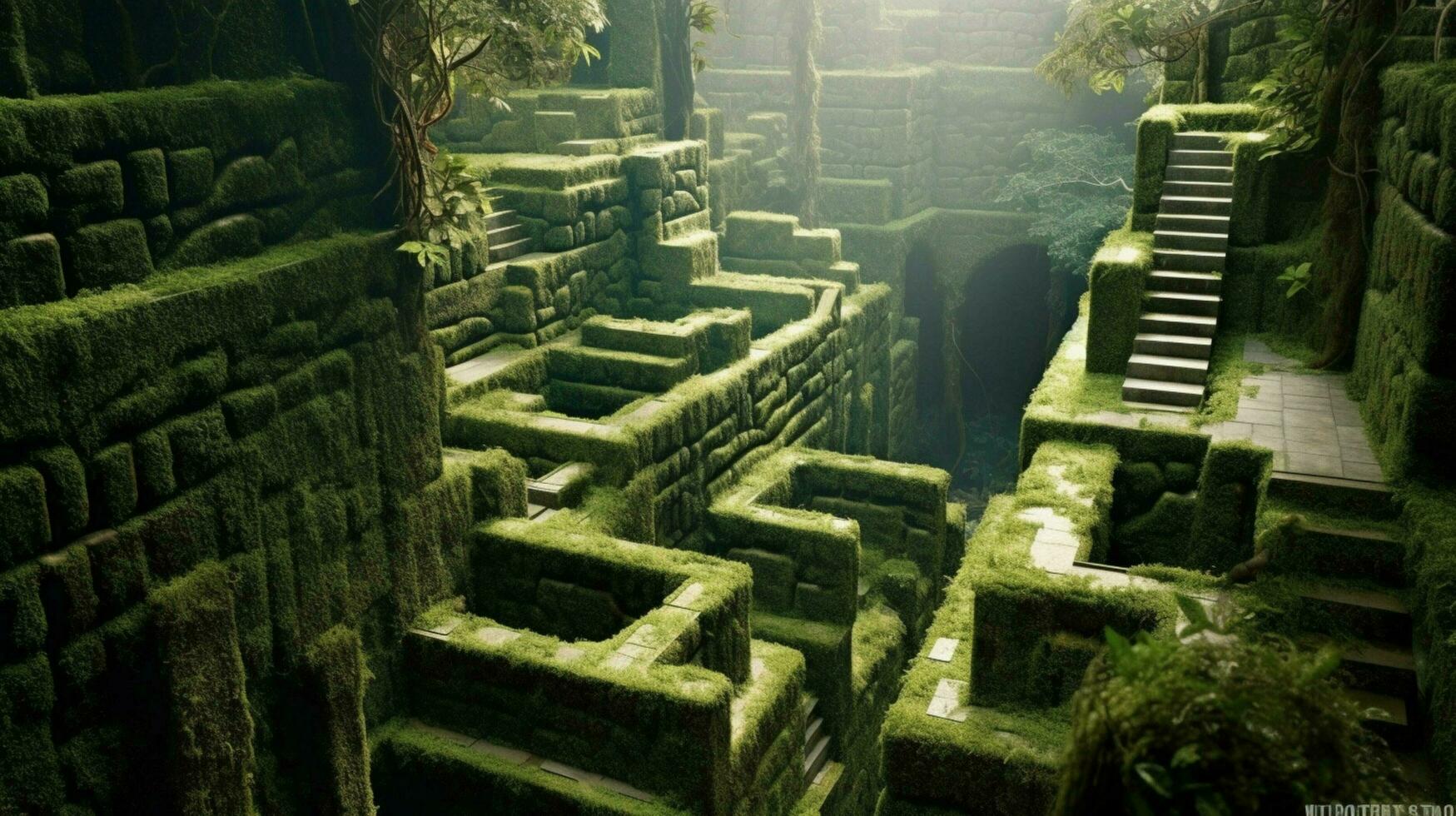 a fantasy maze in jungle high walls of concrete photo