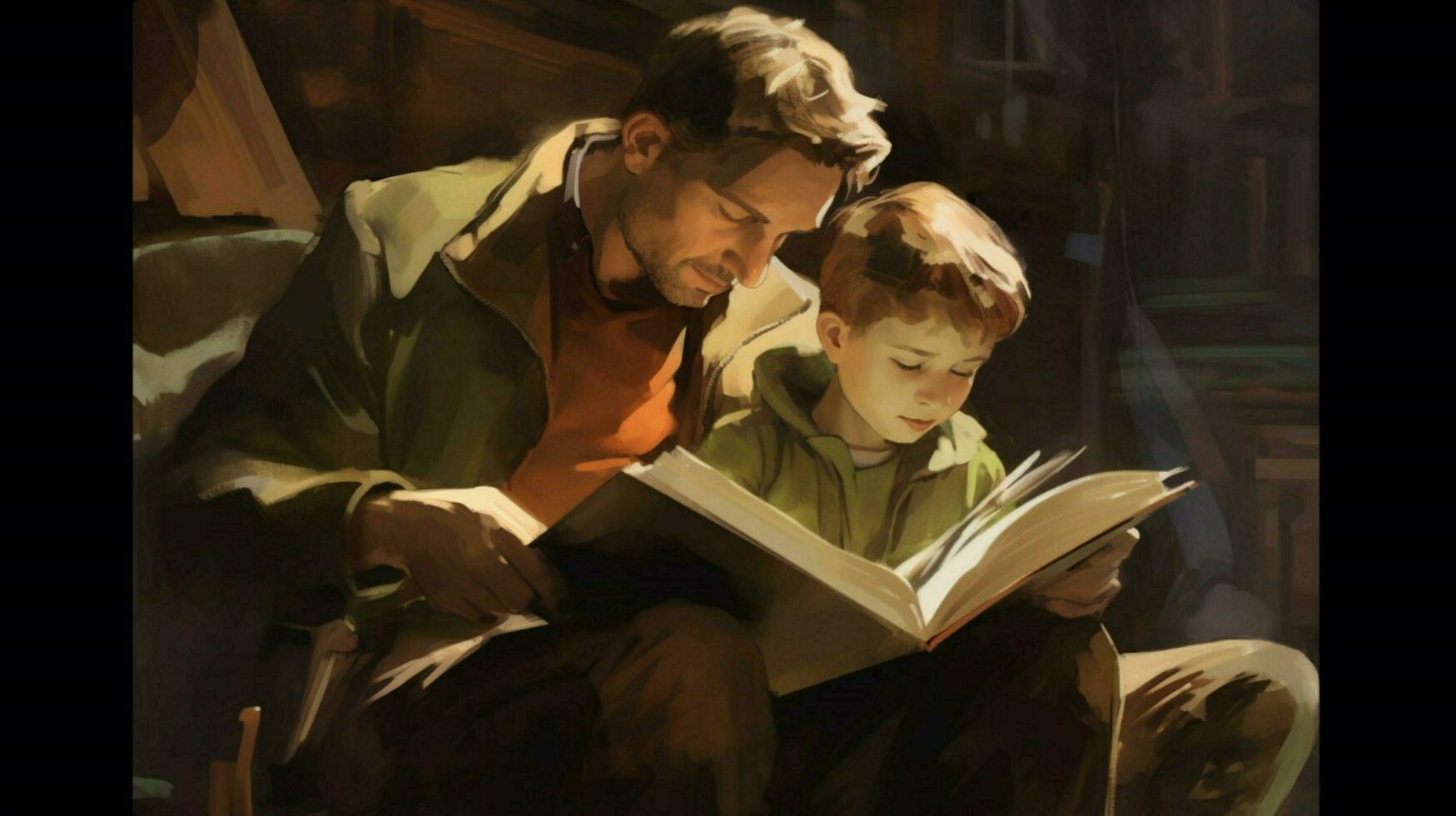 a father and son read a book together photo