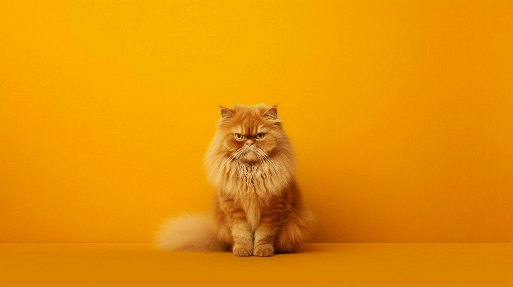 a fluffy orange cat sits on a yellow background photo