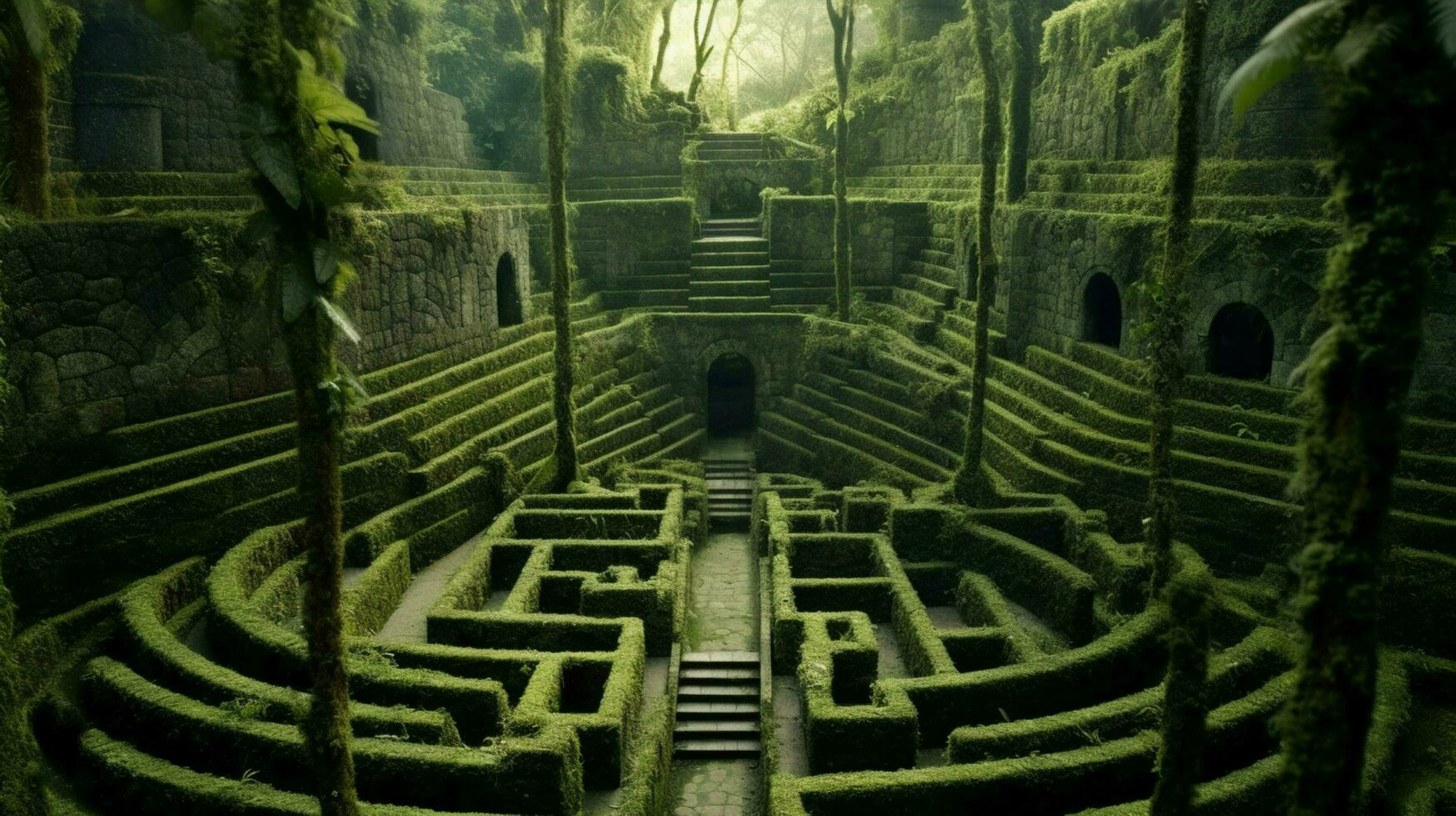 a fantasy maze in jungle high walls of concrete photo