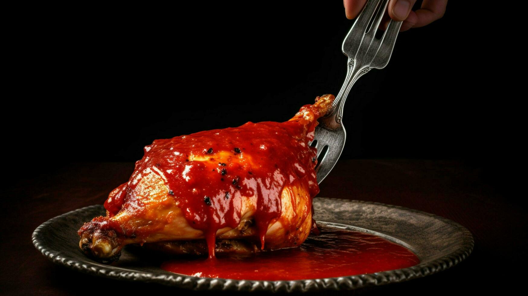 a fork is holding a chicken with a red sauce photo