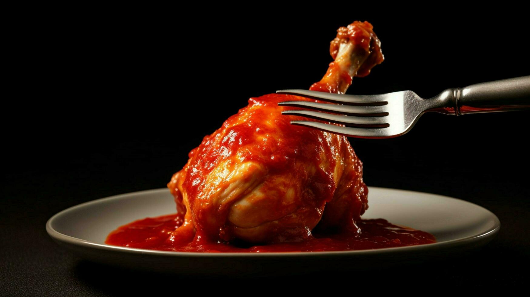 a fork is holding a chicken with a red sauce photo