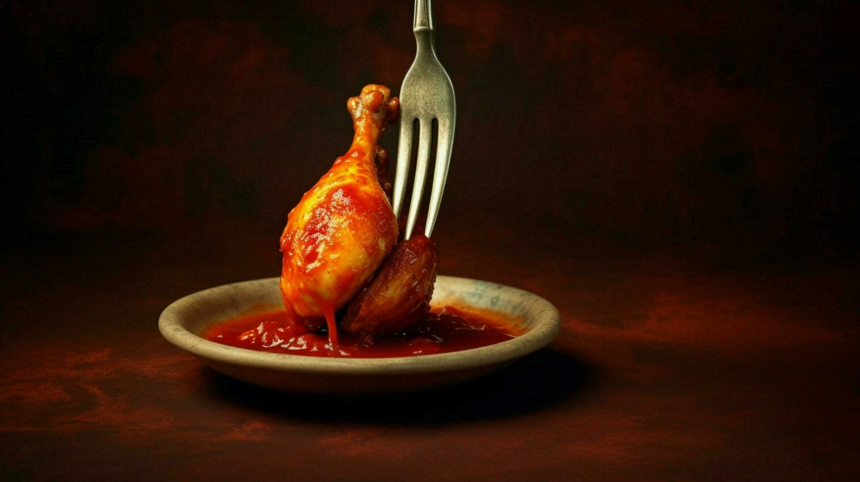 a fork is holding a chicken with a red sauce photo