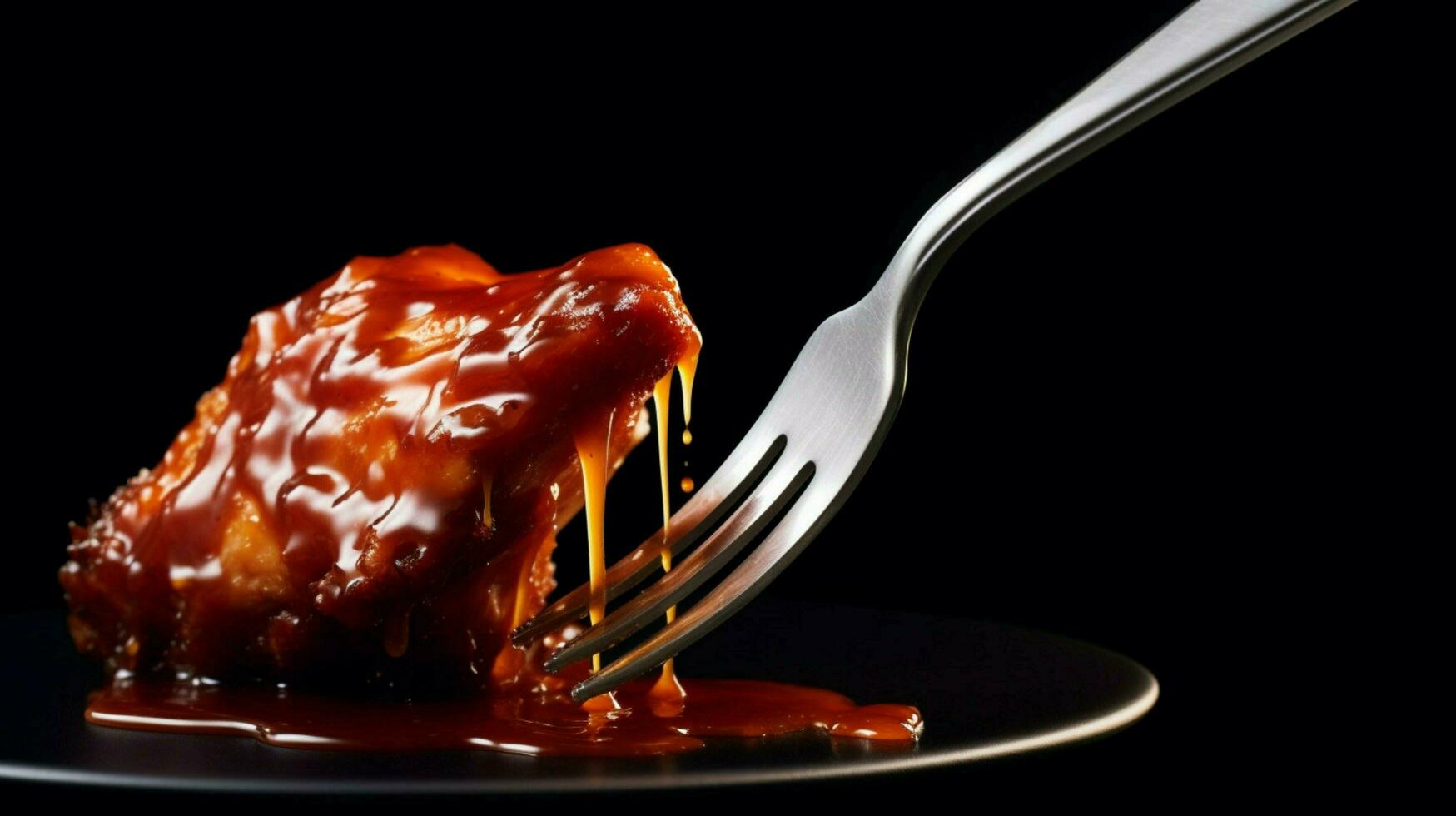 a fork with a piece of chicken with bbq sauce on photo