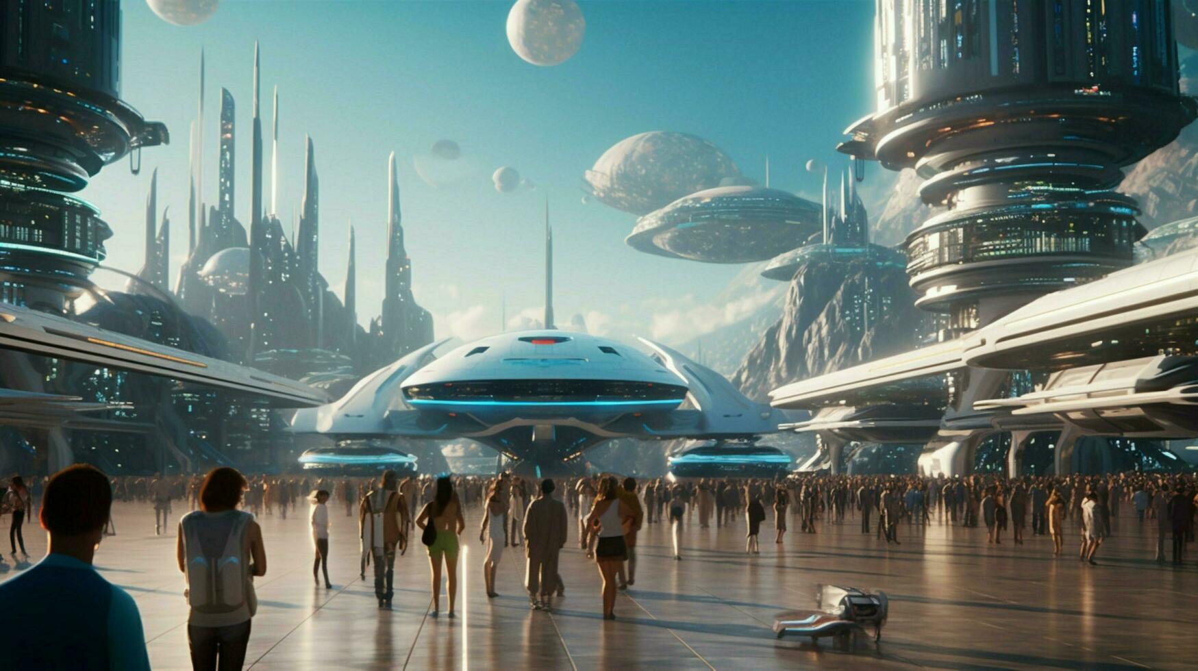 a futuristic spaceport bustling with activity photo