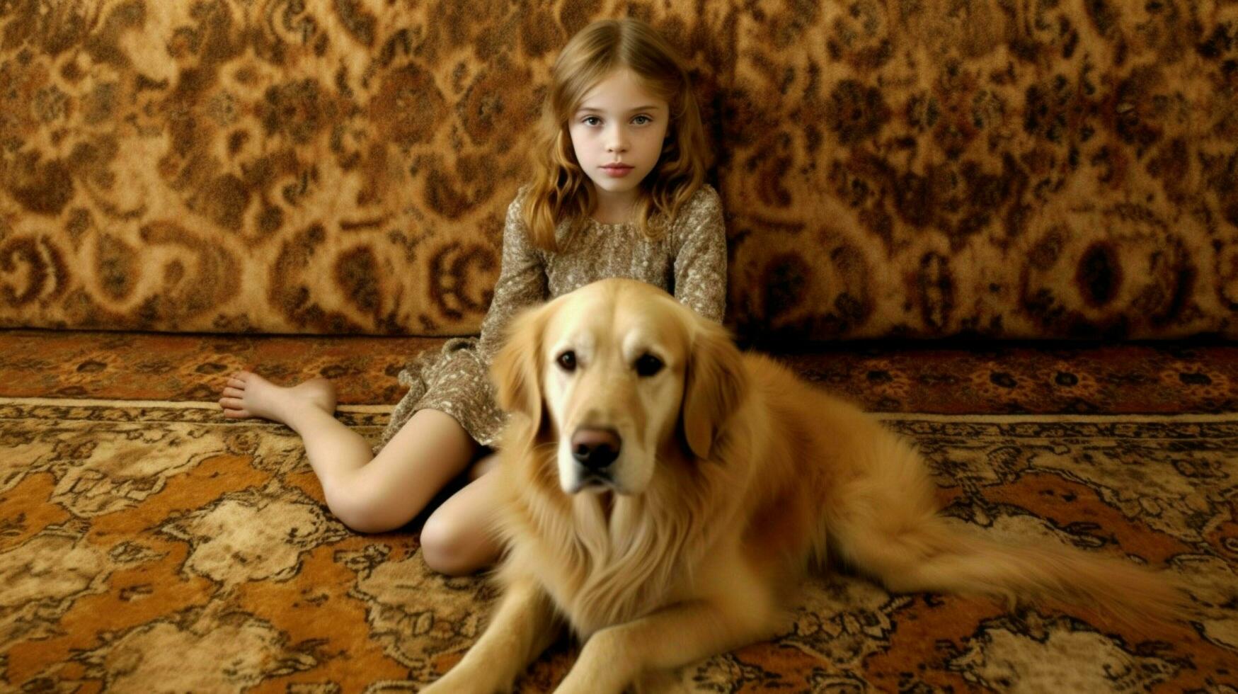 a girl and a golden retriever dog on a carpet photo