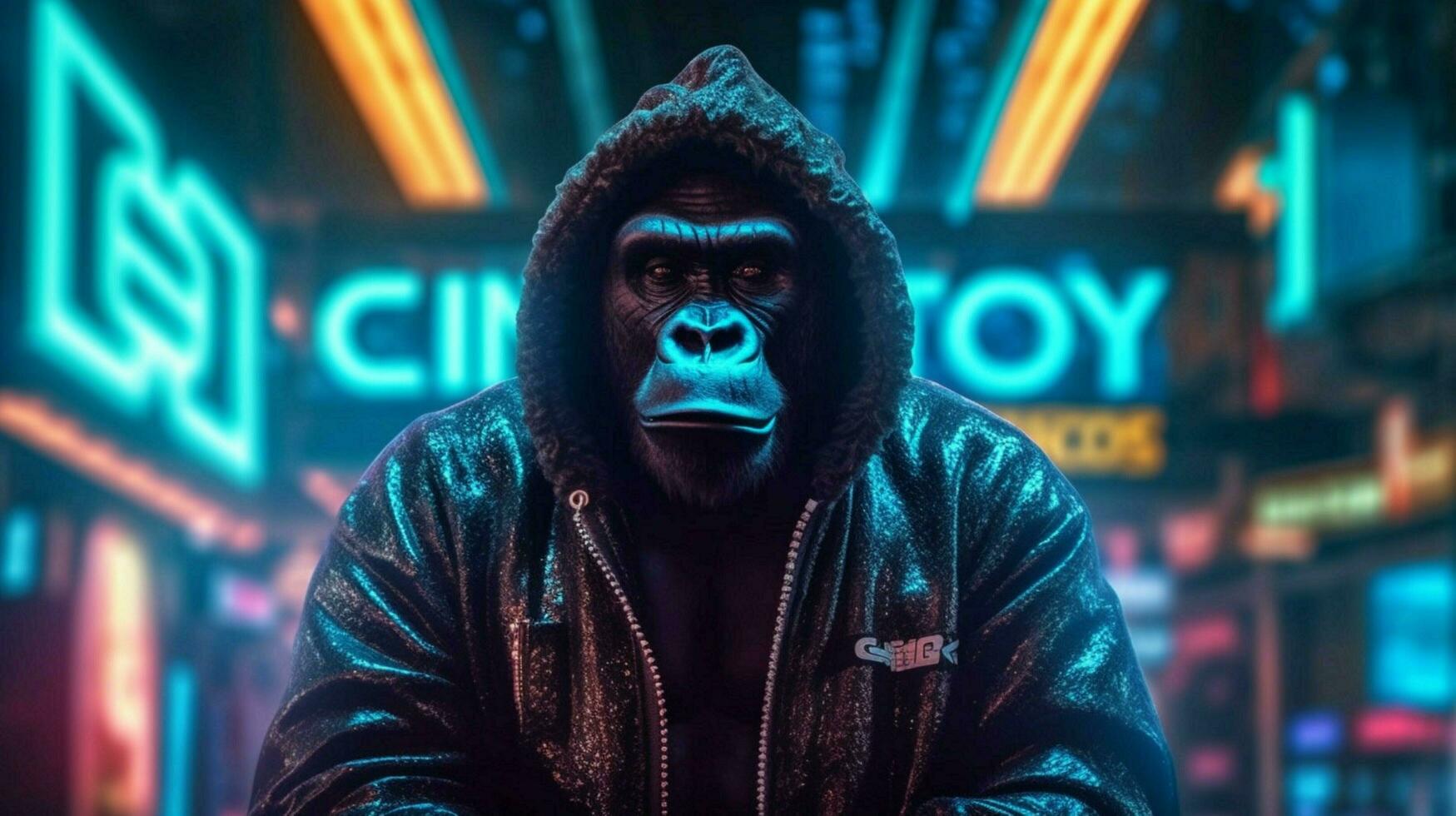 a gorilla in a hoodie with a neon sign that says photo