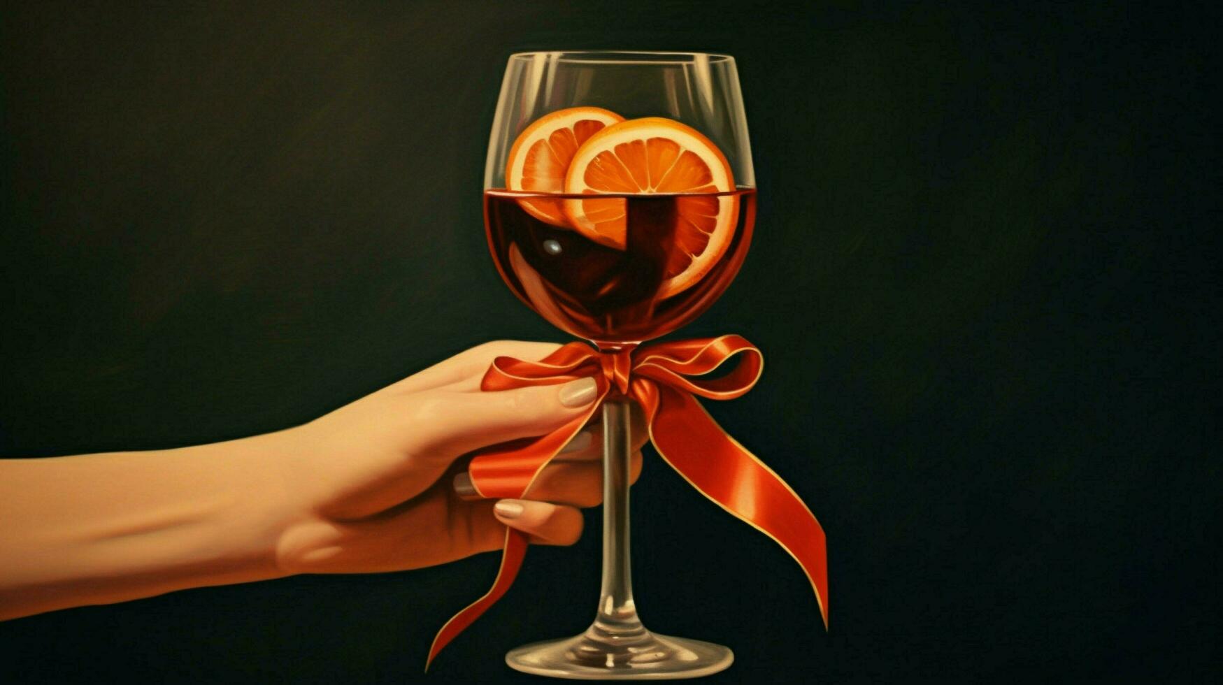 a hand holding a wine glass with a red ribbon photo