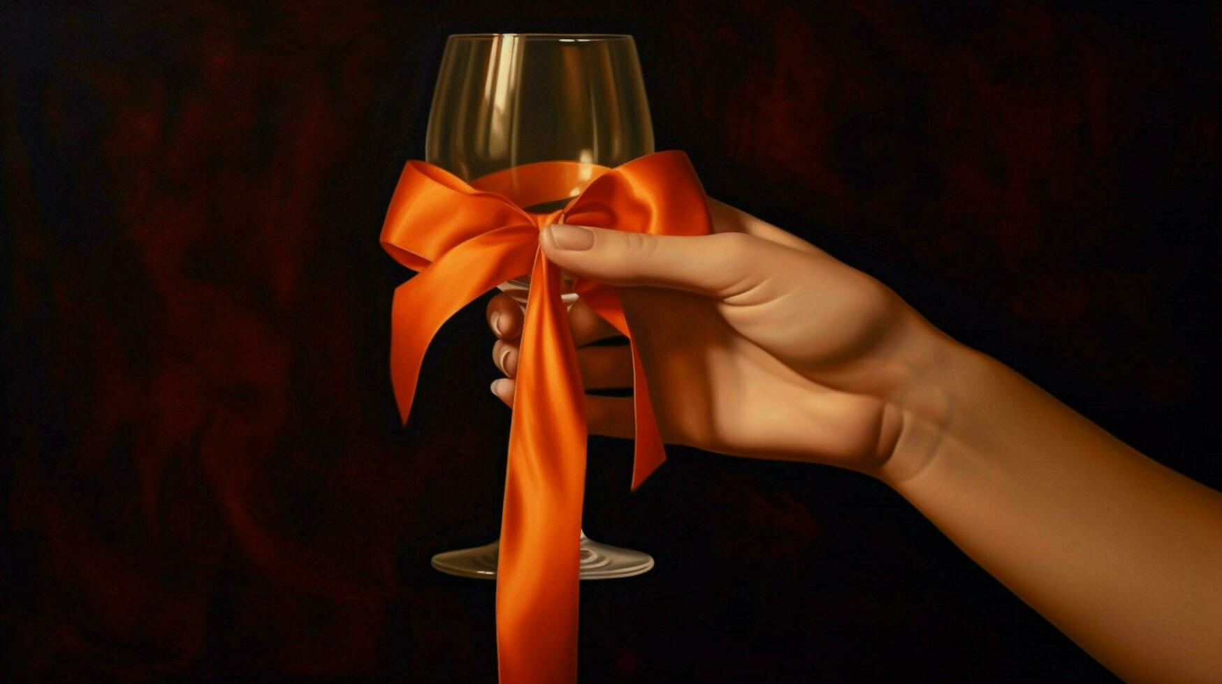 a hand holding a wine glass with a red ribbon photo
