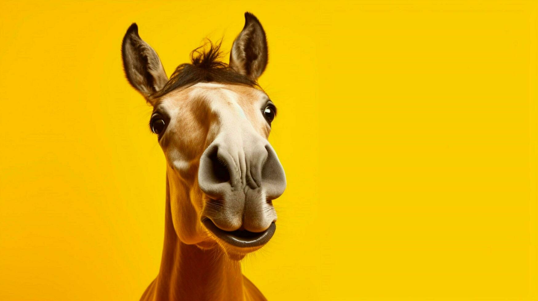 un caballo con un gracioso cara es en un amarillo fondo foto