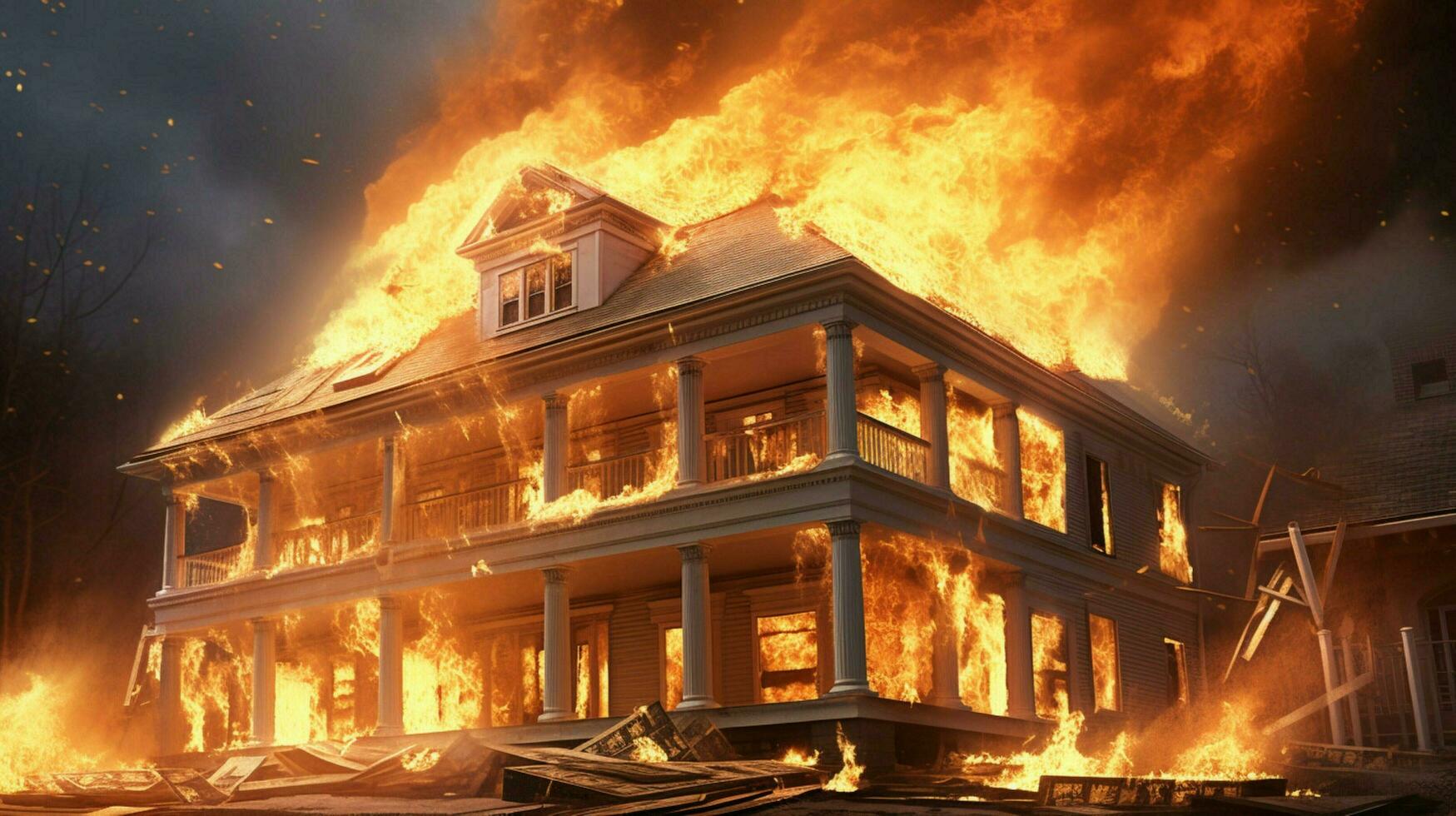 a house with a burning fire and a stack of dollar photo