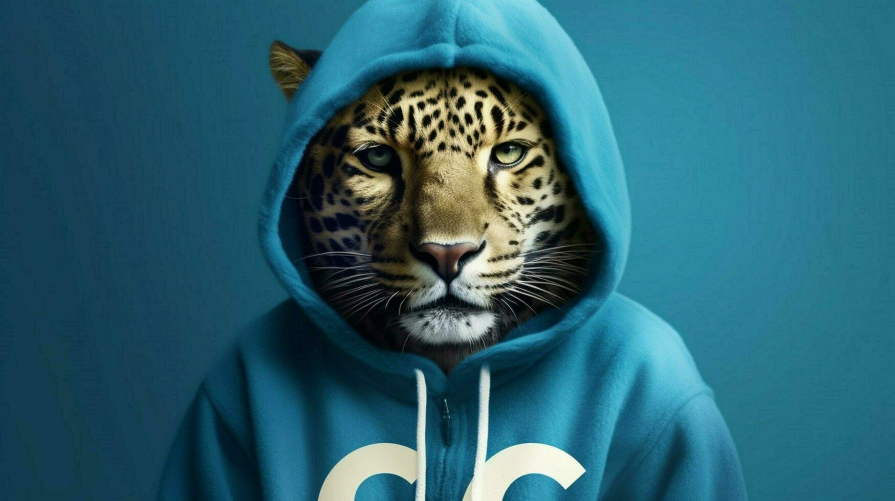 a leopard wearing a blue hoodie with the word cc photo