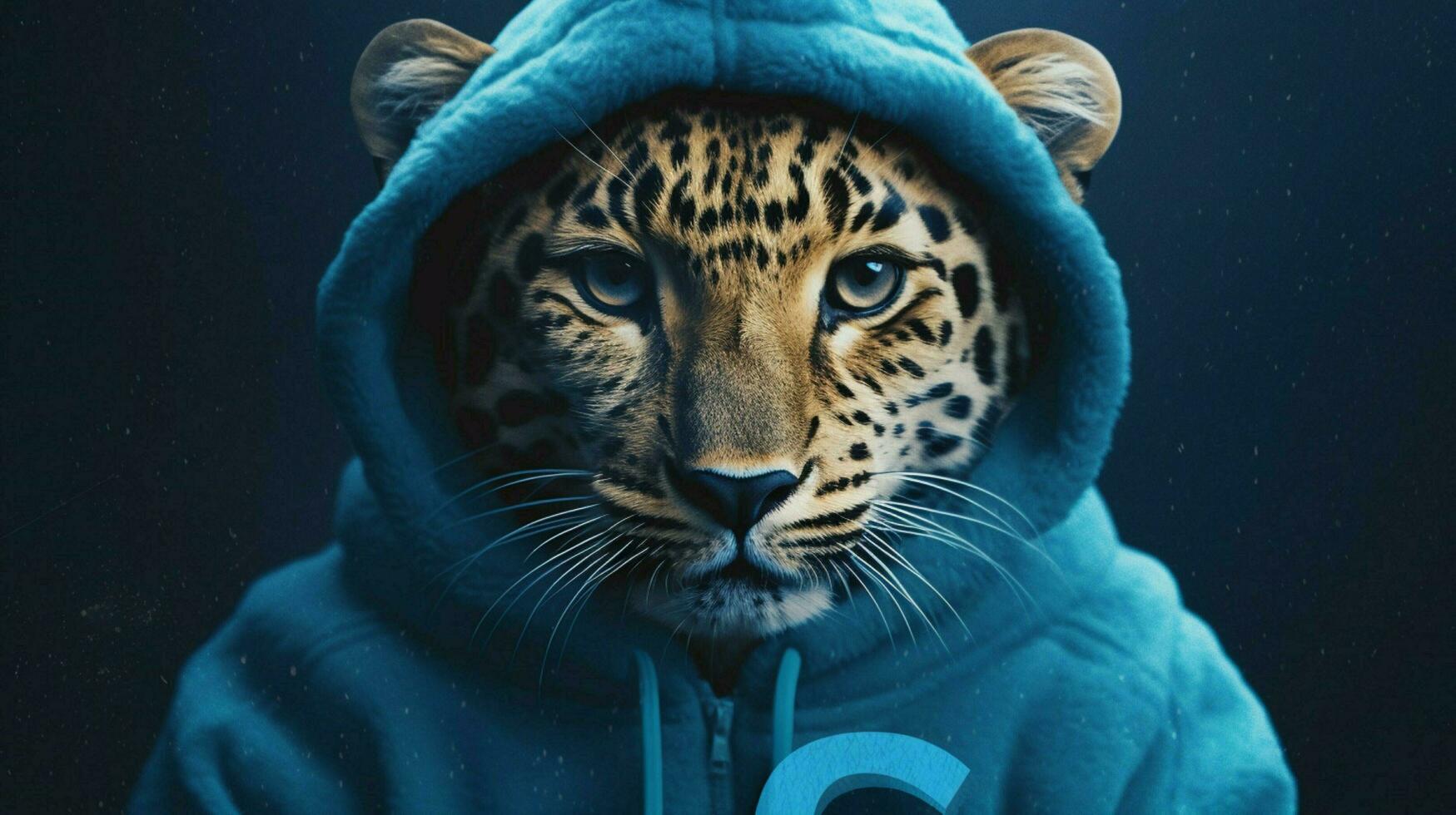 a leopard wearing a blue hoodie with the word cc photo