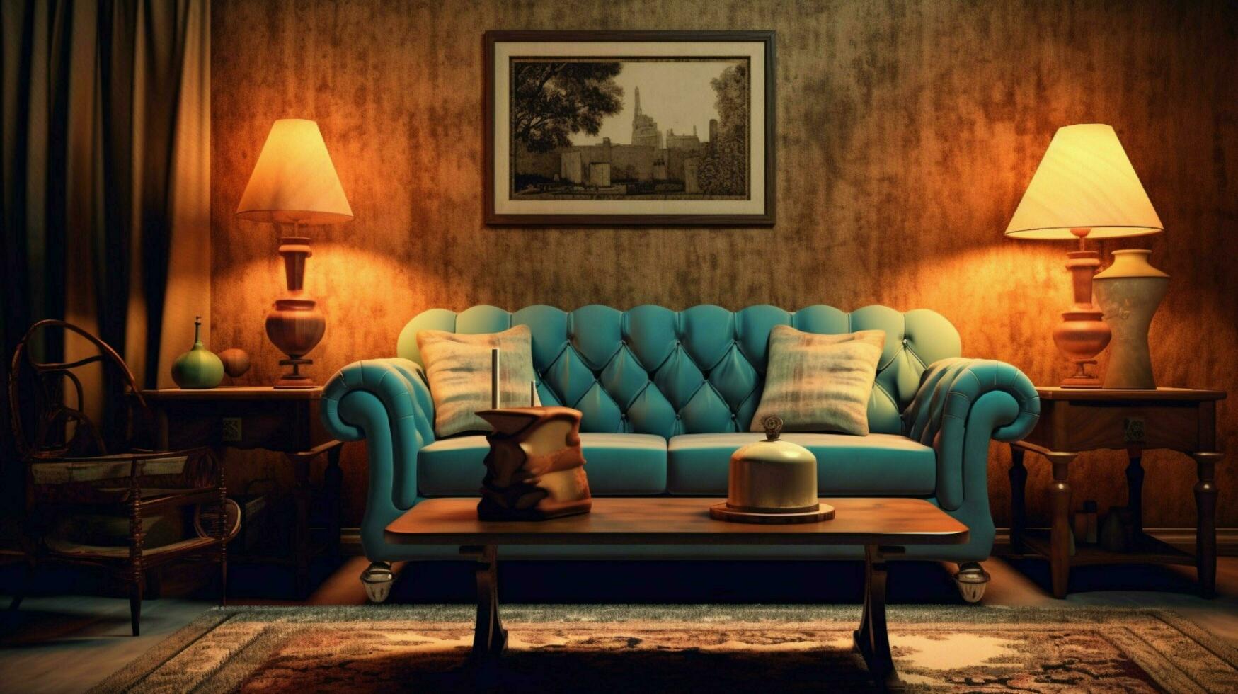 a living room with a sofa and a table with a lamp photo