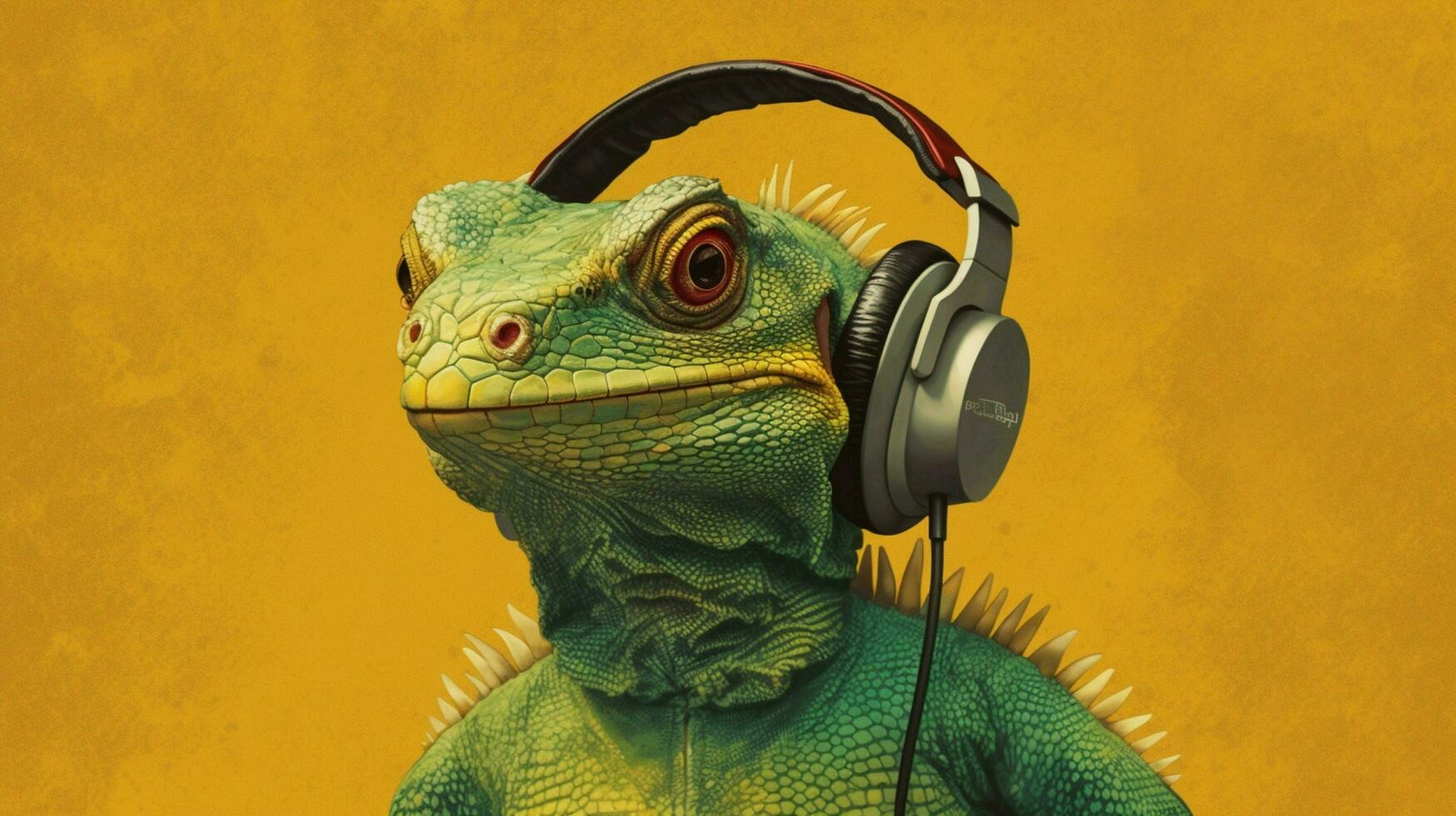 a lizard with headphones and a shirt photo