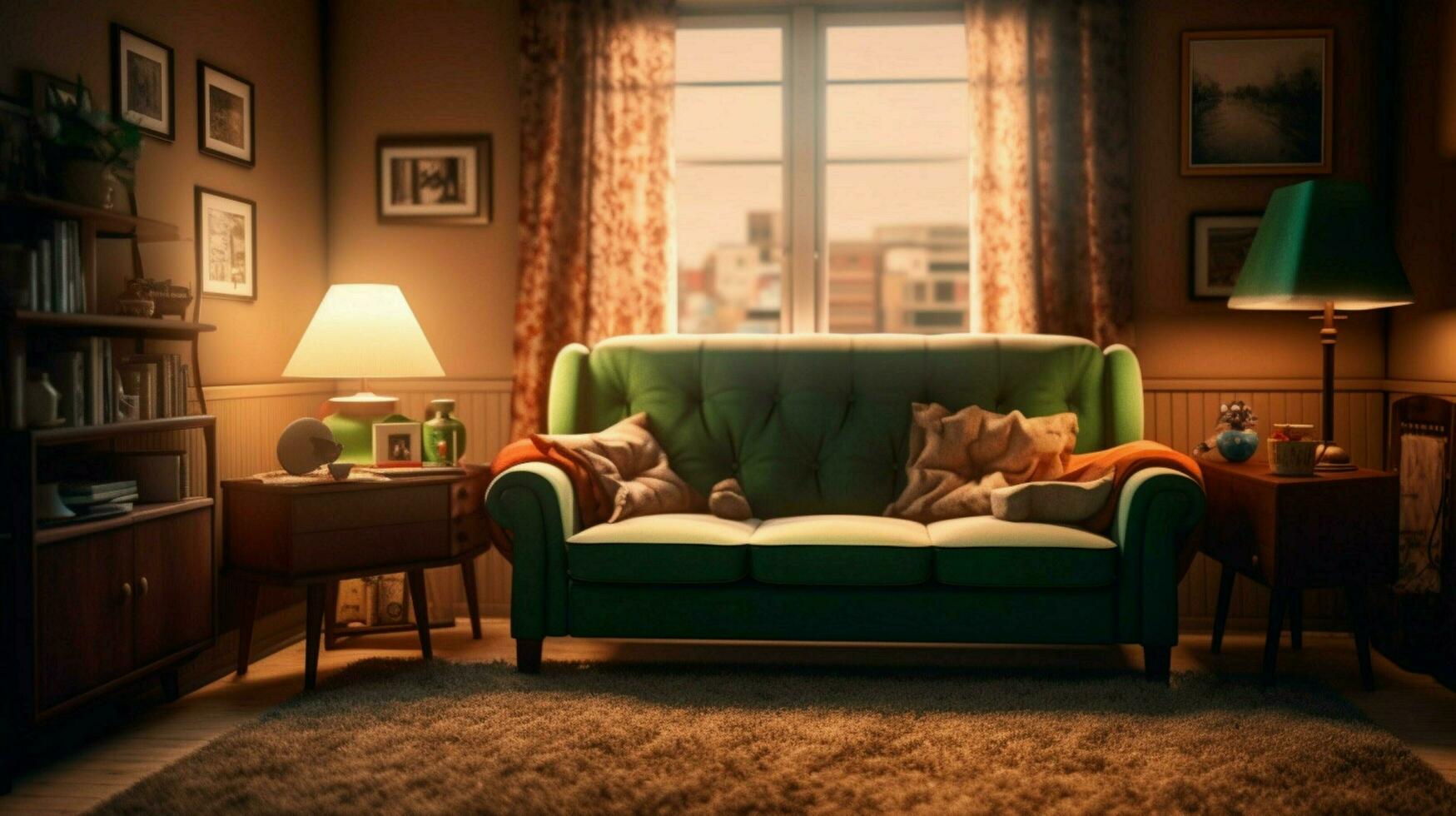 a living room with a sofa and a table with a lamp photo