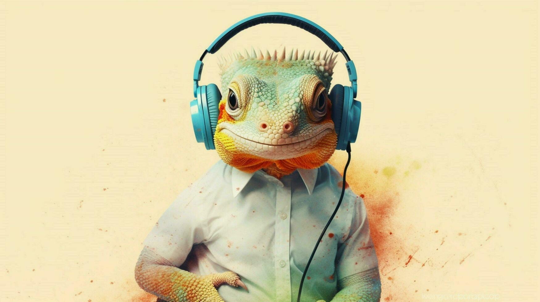 a lizard with headphones and a shirt photo