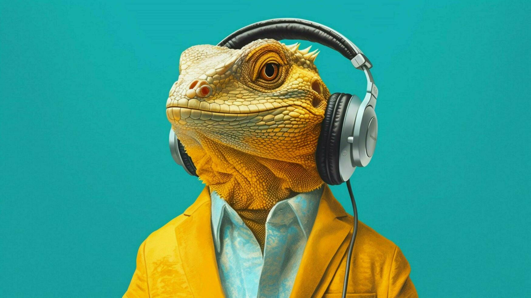 a lizard with headphones and a shirt photo