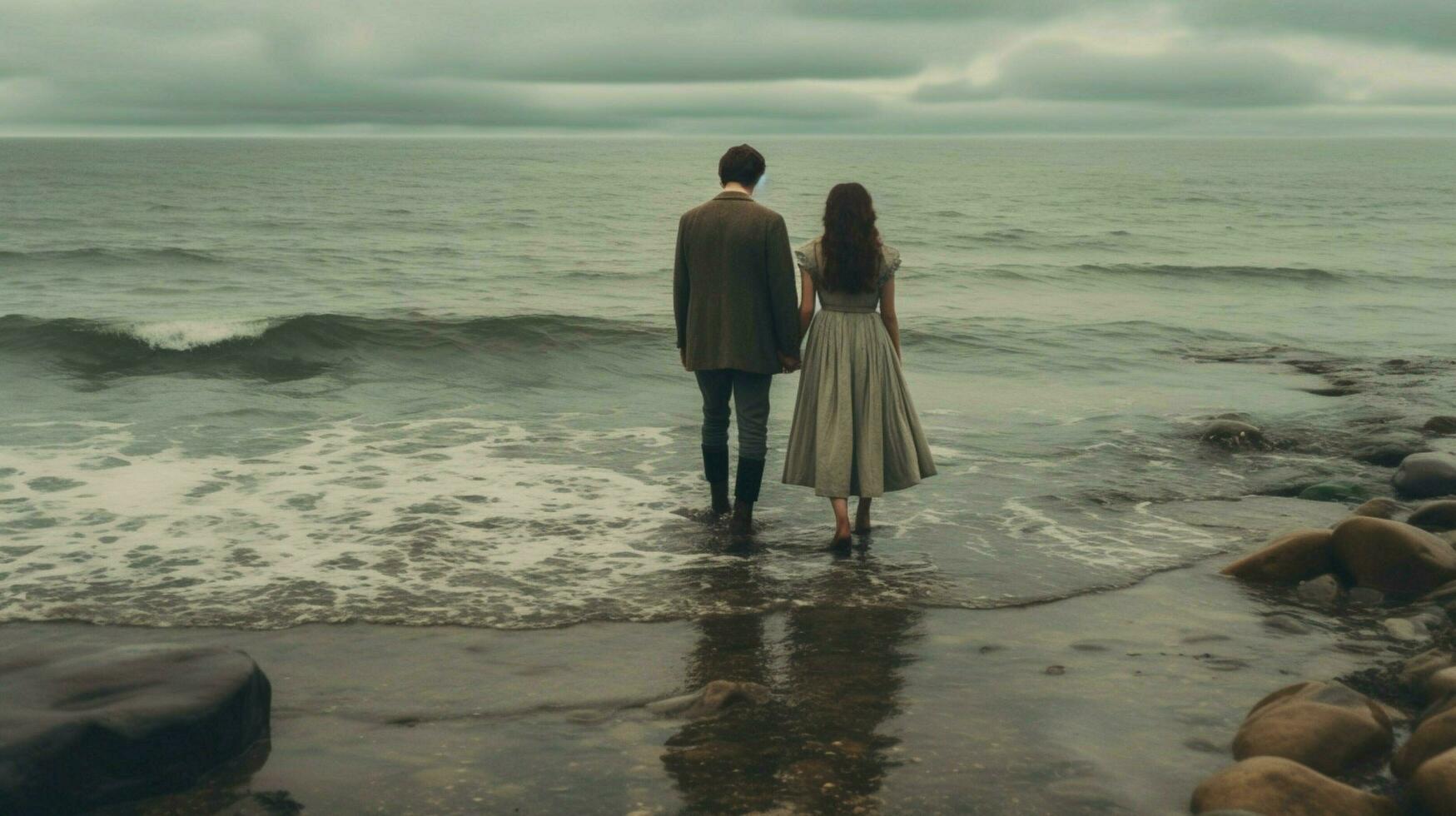 a man and a girl are looking at the sea photo