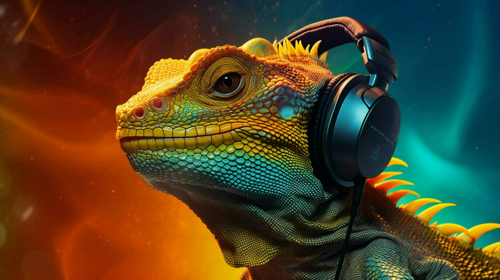 a lizard with headphones on his head photo